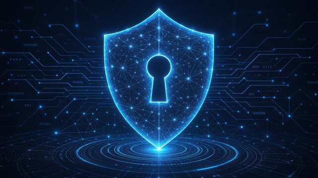 Futuristic digital shield with keyhole symbol representing cybersecurity and data protection technology