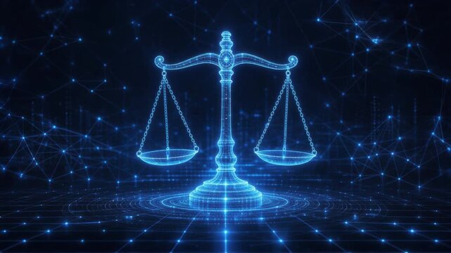 Glowing blue digital scales of justice with futuristic network background representing law and technology