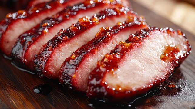 Macro sliced char siu barbecue pork sticky sweet glaze traditional asian roasted meat dark background