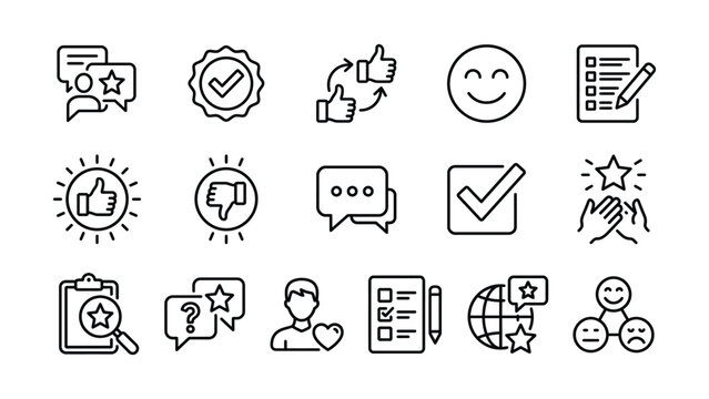 Black and white line icons for user feedback and review ratings on transparent background