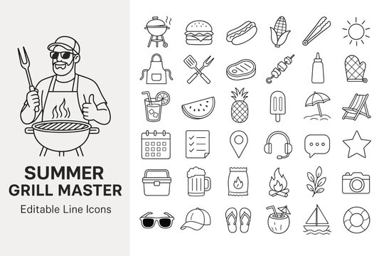 Dynamic collection of outline vector icons featuring a smiling grill master, barbecue food, and essential summer outdoor activities. Ideal for web, app, print design.
