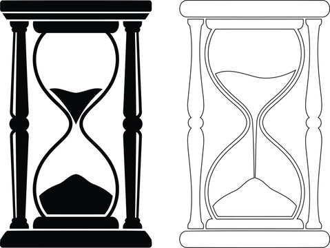Two hourglasses one solid black silhouette and one outline drawing on white background silhouette