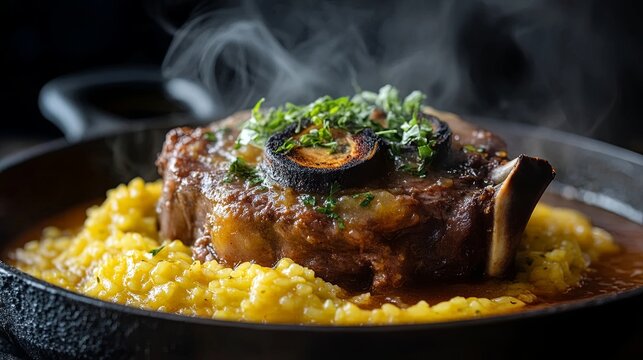 Steaming traditional italian osso buco braised veal shank bone marrow saffron risotto dark cast iron pan