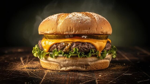 Delicious cheeseburger with melted cheddar lettuce and pickles on rustic wooden surface