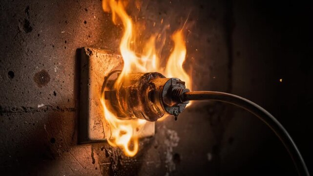 Electrical socket on fire causing dangerous electrical hazard and fire damage risk indoors