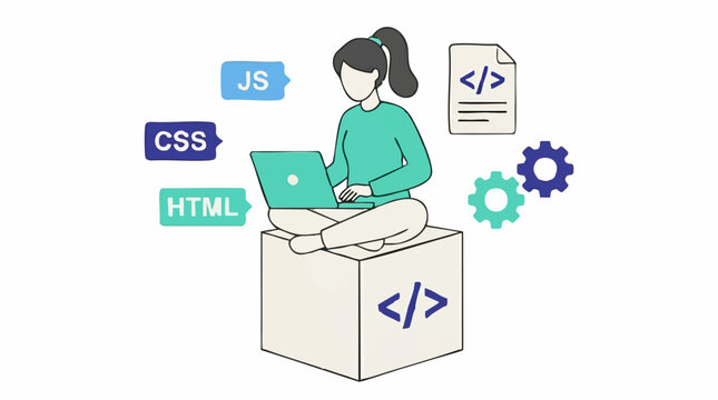 Female programmer working on laptop with web development icons illustration