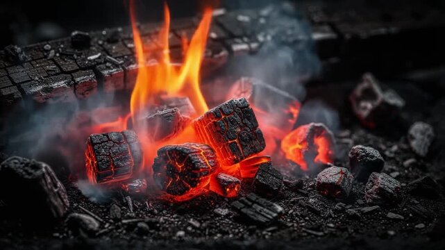 Close up glowing hot charcoal briquettes with bright orange flames and burning embers for barbecue cooking