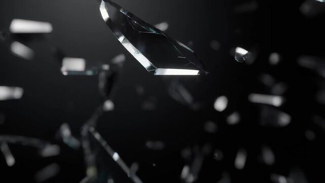 Close up of shattered glass floating in dark background with sharp reflective fragments and abstract light effects