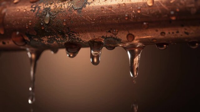 Close up of rusty copper pipe with water droplets and corrosion in warm lighting