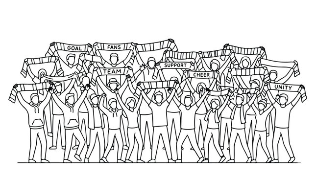 vector black line art of a group of football supporters carrying a banner with a scarf 1