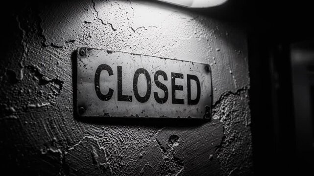 Old weathered closed sign on textured wall in moody black and white urban setting