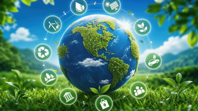 Eco friendly earth with green foliage and sustainable energy icons for environmental conservation