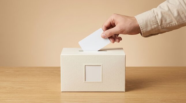 Hand inserting white blank card into a paper ballot box on a wooden table against a clean beige background wall