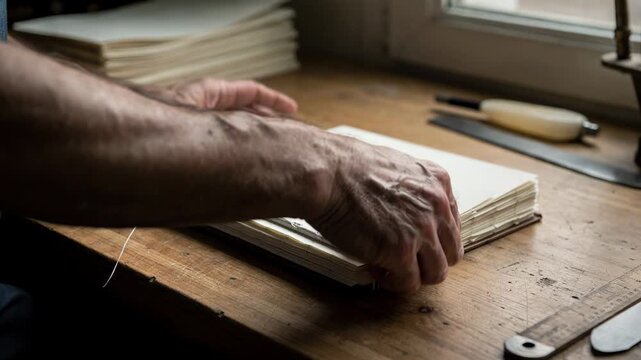 Craftsman folding delicate sheets to prepare signatures for highquality sewn notebooks emphasizing precise alignment before stitching