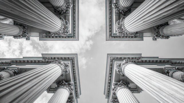 Upward view of four ornate, large, stone columns against a cloudy sky, in grayscale