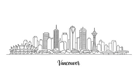 Fototapeta premium Minimalist Line Art Illustration of Vancouver's Skyline Featuring Iconic Buildings and Urban Landscape