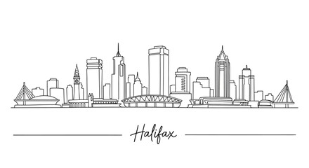 Naklejka premium Minimalist line art illustration of the Halifax skyline showcasing iconic buildings and bridges capturing the cityscape's