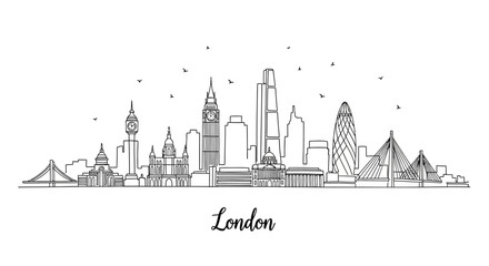 Obraz premium Minimalist Line Drawing of London's Skyline Featuring Iconic Landmarks and a Bird-Filled Sky