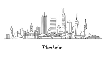 Fototapeta premium Minimalist Line Drawing of Manchester City Skyline Showcasing Iconic Buildings and Urban Landscape