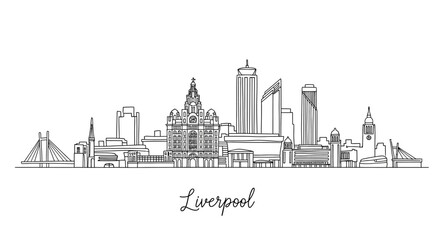 Obraz premium Minimalist black and white line illustration of Liverpool skyline showing diverse architectural structures and iconic city