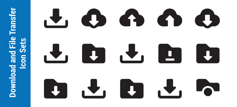 Download and file transfer icon sets with various solid fill download, cloud, and folder icons.