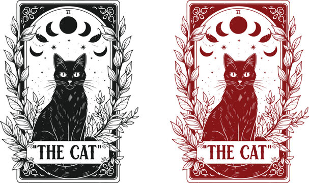 Funny skeleton not present tarot card featuring a mystical cat for halloween with crescent moons and stars a spooky yet cute design
