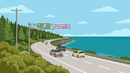 Scenic coastal highway with cars, ocean, and destination road signs, illustration © ObStock