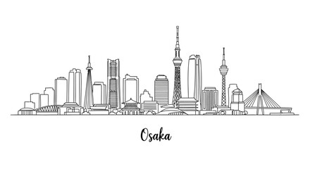 Obraz premium Minimalist Line Art of Osaka Skyline Featuring Skyscrapers and Iconic Structures in Monochrome