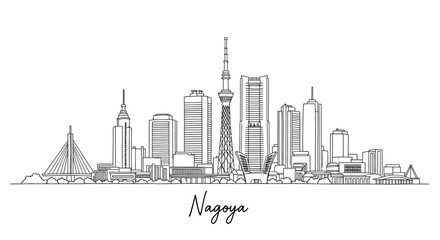 Fototapeta premium Minimalist Line Art Illustration of Nagoya?s Skyline Featuring Skyscrapers and Landmarks