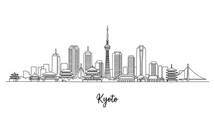 Obraz premium Minimalist line art illustration of Kyoto's skyline featuring traditional pagodas and modern skyscrapers with iconic tower and