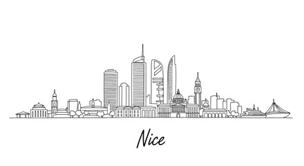 Fototapeta premium Elegant line drawing of a modern city skyline featuring diverse architectural structures and a serene maritime backdrop
