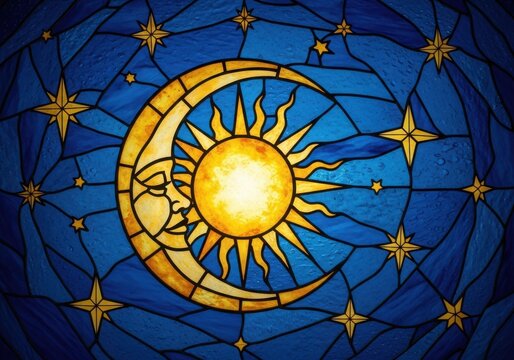 Stained glass zodiac circle with sun face and celestial symbols on blue background