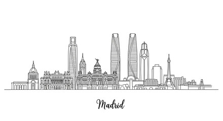 Fototapeta premium Minimalist Line Drawing of Madrid Skyline Featuring Iconic Landmarks and Modern Skyscrapers with a Handwritten City Name