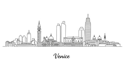 Obraz premium Minimalist Black and White Line Drawing of Venice Skyline Featuring Iconic Structures