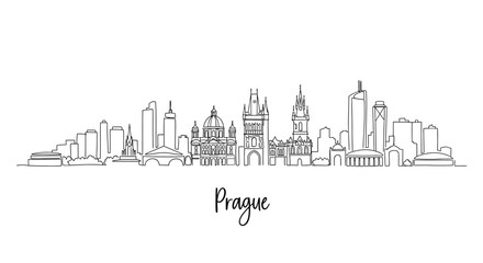 Fototapeta premium Minimalist Black and White Line Drawing Illustration of Prague?s Skyline Featuring Historic and Modern Architecture