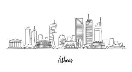 Naklejka premium Minimalist Line Drawing of Athens Skyline Featuring Modern and Historic Architecture Displayed in a Single Continuous Line Art