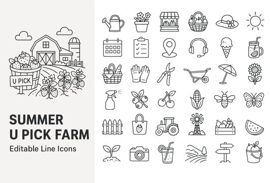 Clean line vector icons for summer U-pick farm activities, agriculture, and harvest. Perfect for websites, apps, and farm-themed digital projects.