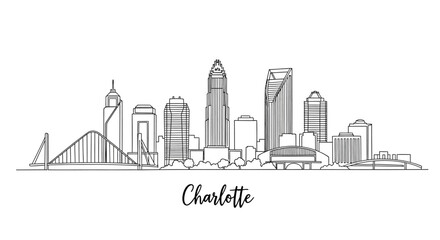 Fototapeta premium Stylized minimalist black and white city skyline illustration capturing core buildings and urban landscape of Charlotte North