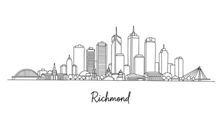 Fototapeta premium Minimalist Continuous Line Drawing of Richmond Skyline Featuring Skyscrapers and Bridges in a Modern Artistic Style