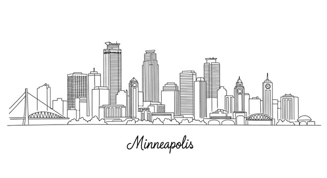 Minimalist Line Art Illustration of Minneapolis Skyline with Diverse Tall Buildings and Bridges