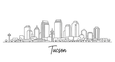Fototapeta premium Minimalist Line Drawing Illustration of Tucson Skyline Featuring Tall Buildings and Urban Landscape