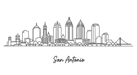 Naklejka premium Minimalist black and white line art of San Antonio skyline featuring diverse architecture and cityscape elements