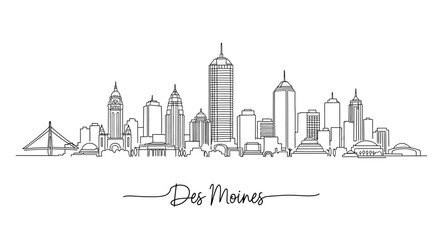 Fototapeta premium Minimalist Line Art Illustration of Des Moines City Skyline with Landmark Highlights and handwritten City Name in Elegant Style