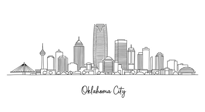Minimalist Line Drawing Illustration of Oklahoma City Skyline Featuring Iconic Tall Buildings and Cityscape Elements