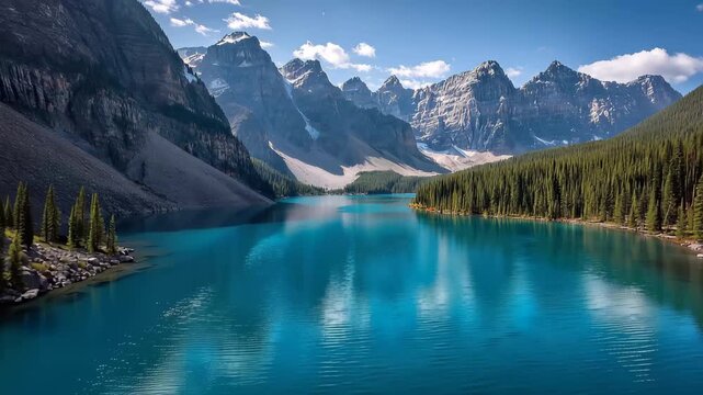 Exploring the beautiful blue lake surrounded by mountains and trees in a national park during a sunny day