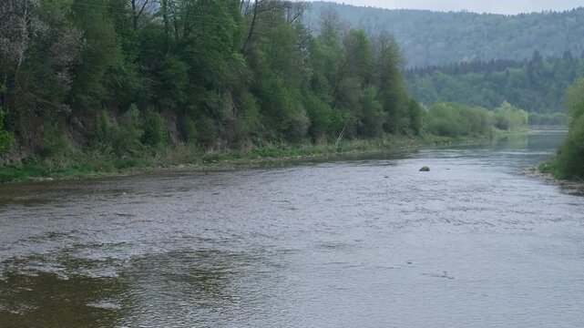 Spring picturesque mountain river band view. (Stryi river near Skhidnytsya village, Carpathians, Ukraine.)
