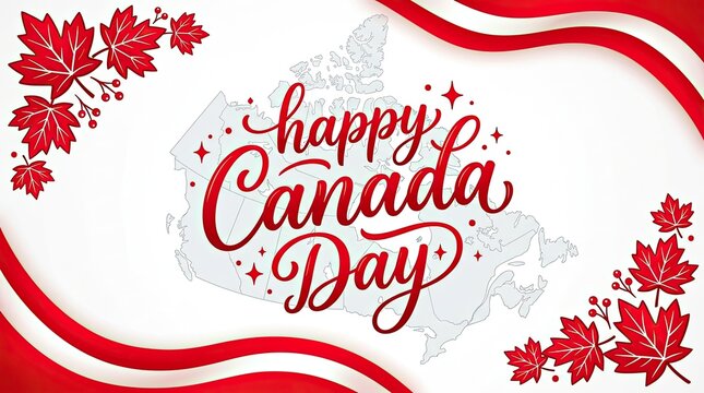 Happy canada day celebration with maple leaves and red ribbon