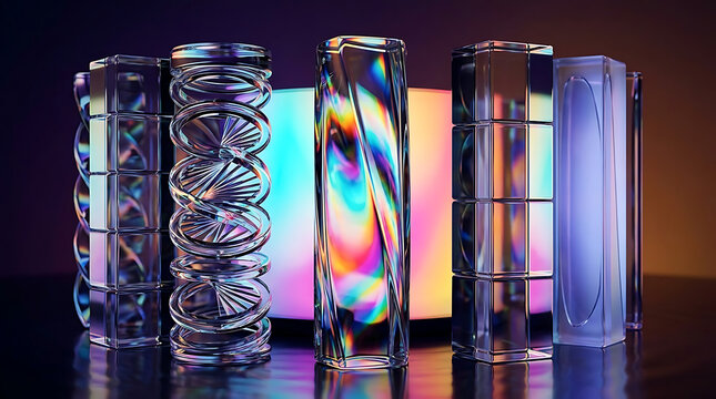 Abstract motion of vertical glass columns sliding through vibrant gradient light in a seamless loop creating a sophisticated prismatic transparency effect with reflections and refractions