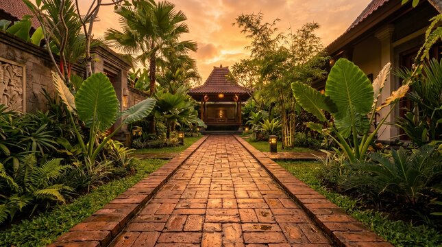 Luxury Balinese Villa Resort Brick Path to Traditional Wooden Joglo Pavilion in Lush Tropical Garden at Golden Hour Sunset for Exotic Travel and Wellness Concepts