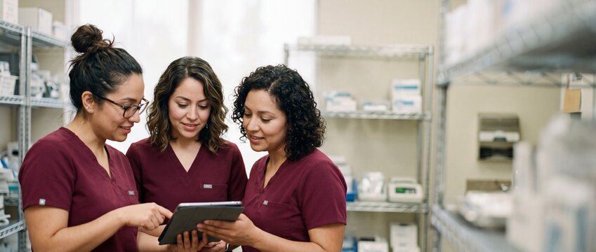 Female nurses using digital tablet in medical storage pharmacy collaborating on patient care smiling happy modern healthcare team working together in clinic hospital with tablet computer technology.